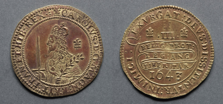 Triple Unite or Three Pound Piece: Charles I (obverse); Declaration on Scroll (reverse)