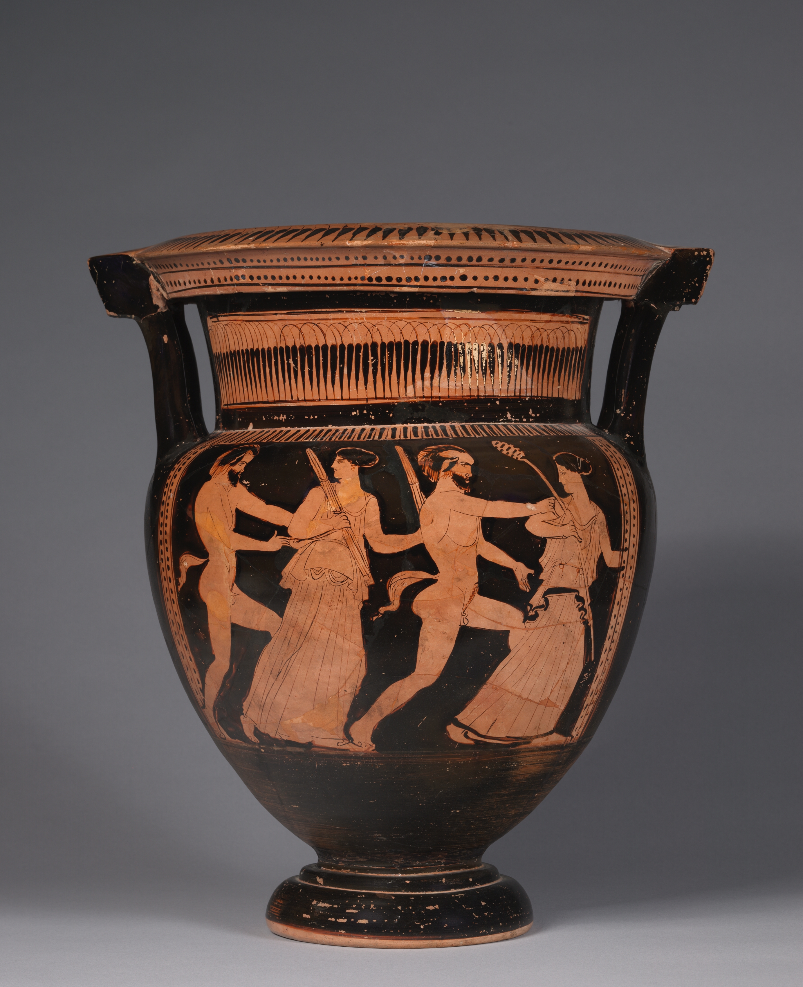 Red-Figure Column Krater (Mixing Vessel): Satyrs Pursuing Maenads