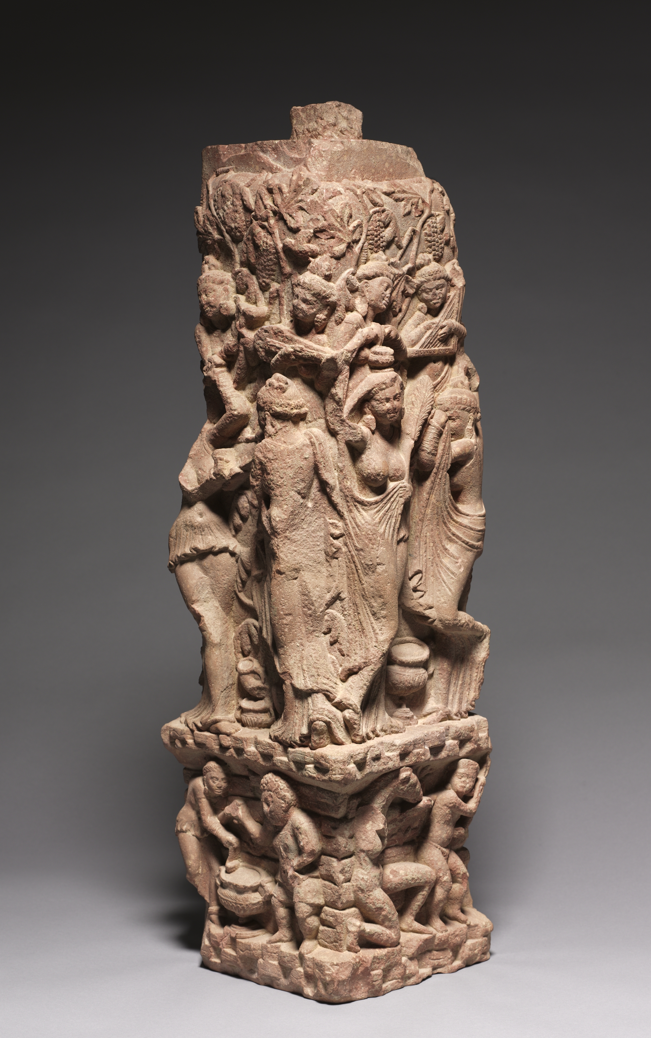 Corner Railing Pillar with Drinking Scenes, Yakshis, and Musicians