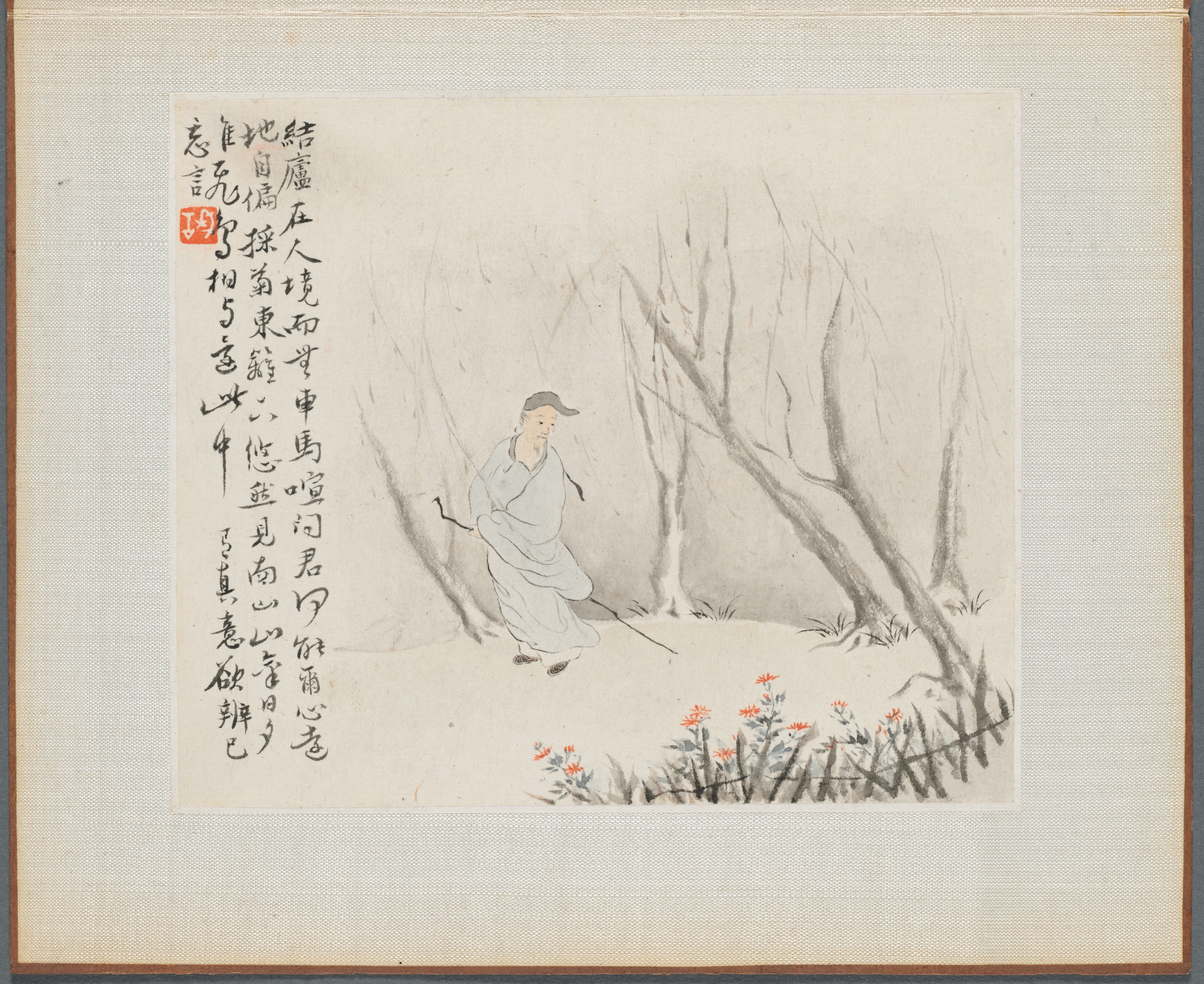 Album of Landscape Paintings Illustrating Old Poems:  Man with a Staff Admires Chrysanthemums at a Fence