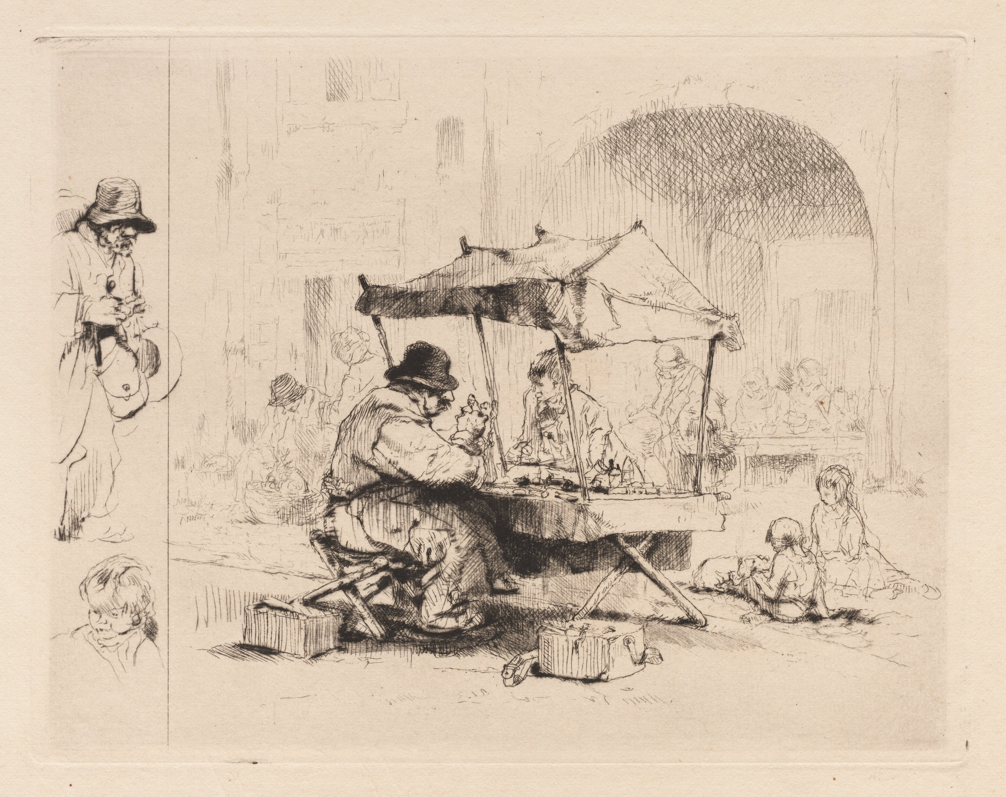 [Merchant in his stall with children playing]