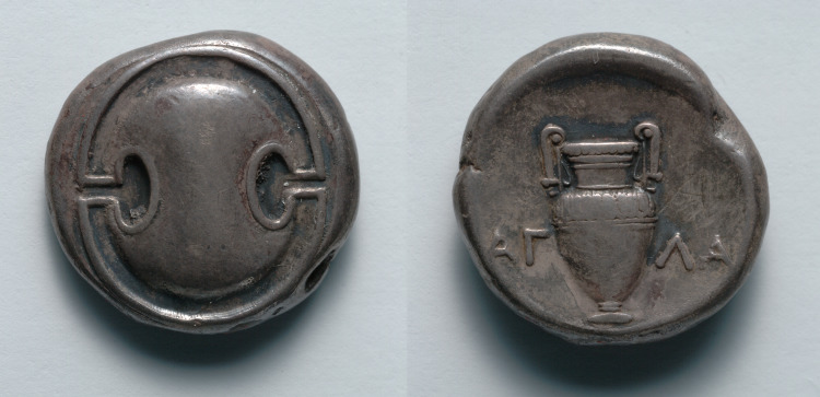 Stater: Boeotian Shield (obverse); Volute Krater (reverse)