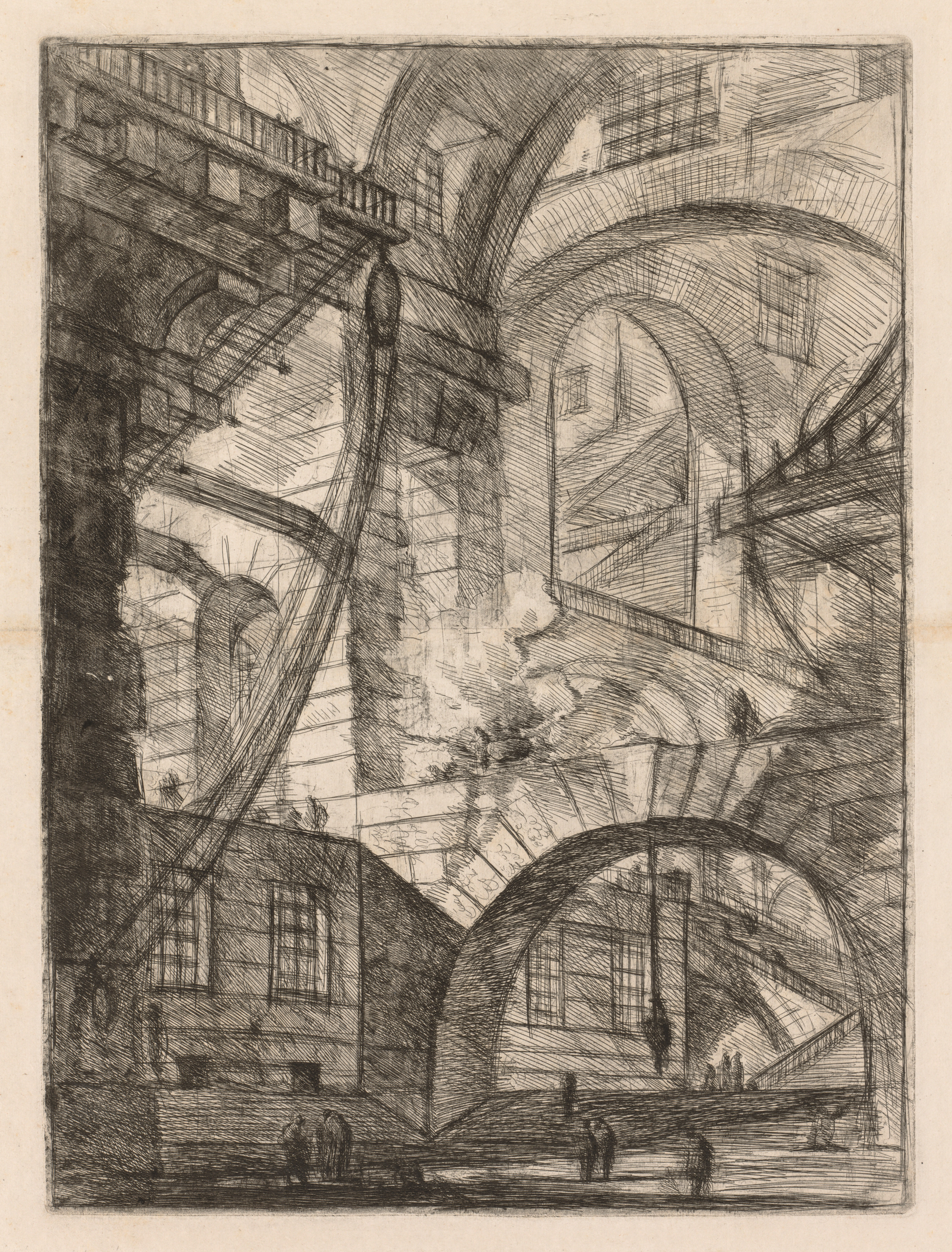 The Prisons:  A Perspective of Arches with a Smoking Fire