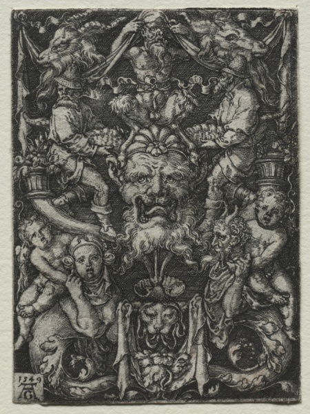Ornament Design with a Mask, A Couple of Tritons, and Two Children Below