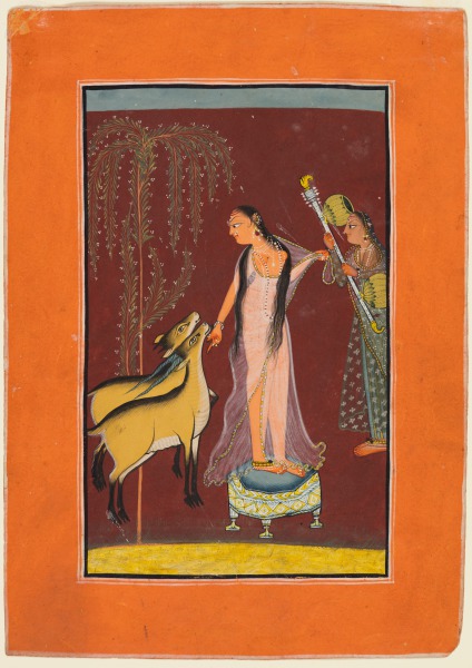 A Lady with Attendant and a Pair of Deer: Probably Gujari Ragini of Dipak, from a Pahari Ragamala