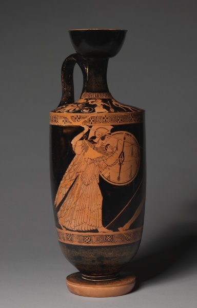 Red-Figure Lekythos (Oil Vessel): Athena Slaying Giant (body); Satyr...