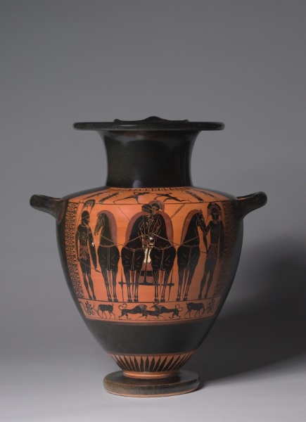 Black-Figure Hydria (Water Vessel): Frontal Quadriga (Body); Theseus and...