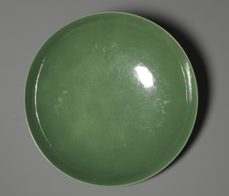 Dish with Green Glaze and Carved Floral Designs