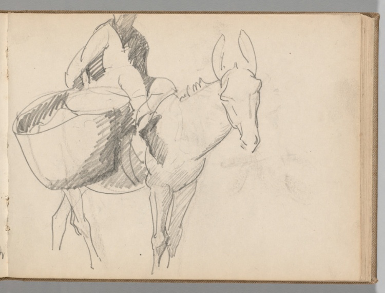 Sketchbook, Spain: Pages 46, Figure with Basket-Carrying Donkey