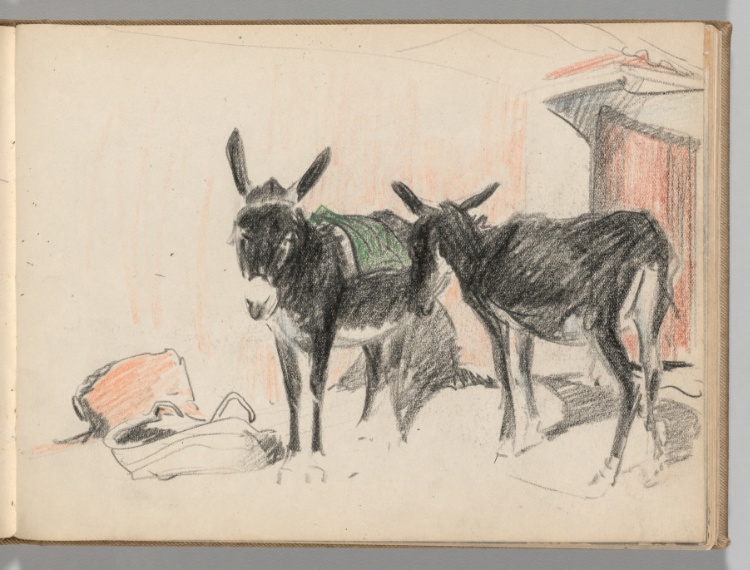 Sketchbook, Spain: Page 70, Donkeys with Building