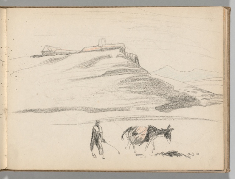 Sketchbook, Spain: Page 74, Studies of Landscapes, Donkeys, and Figure