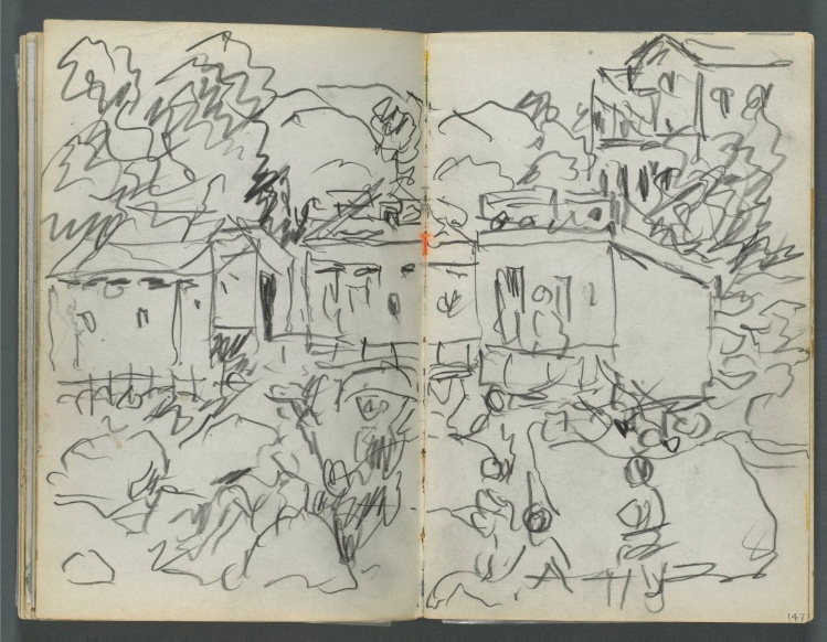 Sketchbook, The Dells, N° 127, page 146 & 147: Landscape with figures and buildings