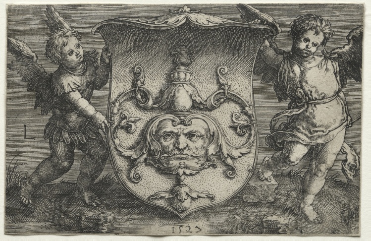 A Shield Bearing a Mask Supported by Two Genii