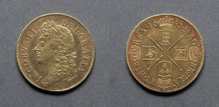 Two Guineas: James II (obverse); Four Shields of Arms (reverse)