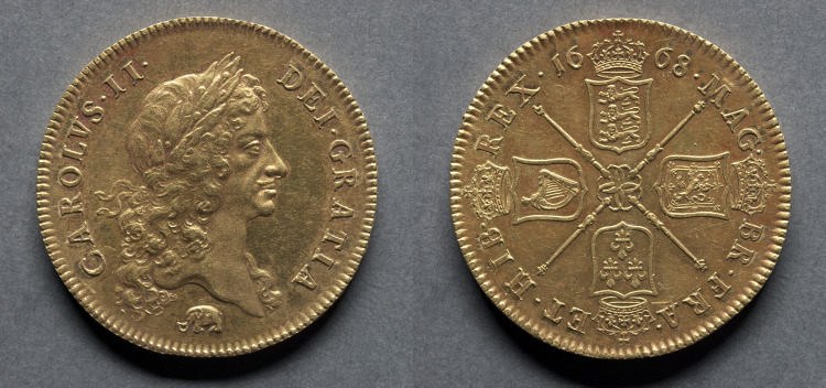 Five Guineas: Charles II (obverse); Four Shields (reverse)