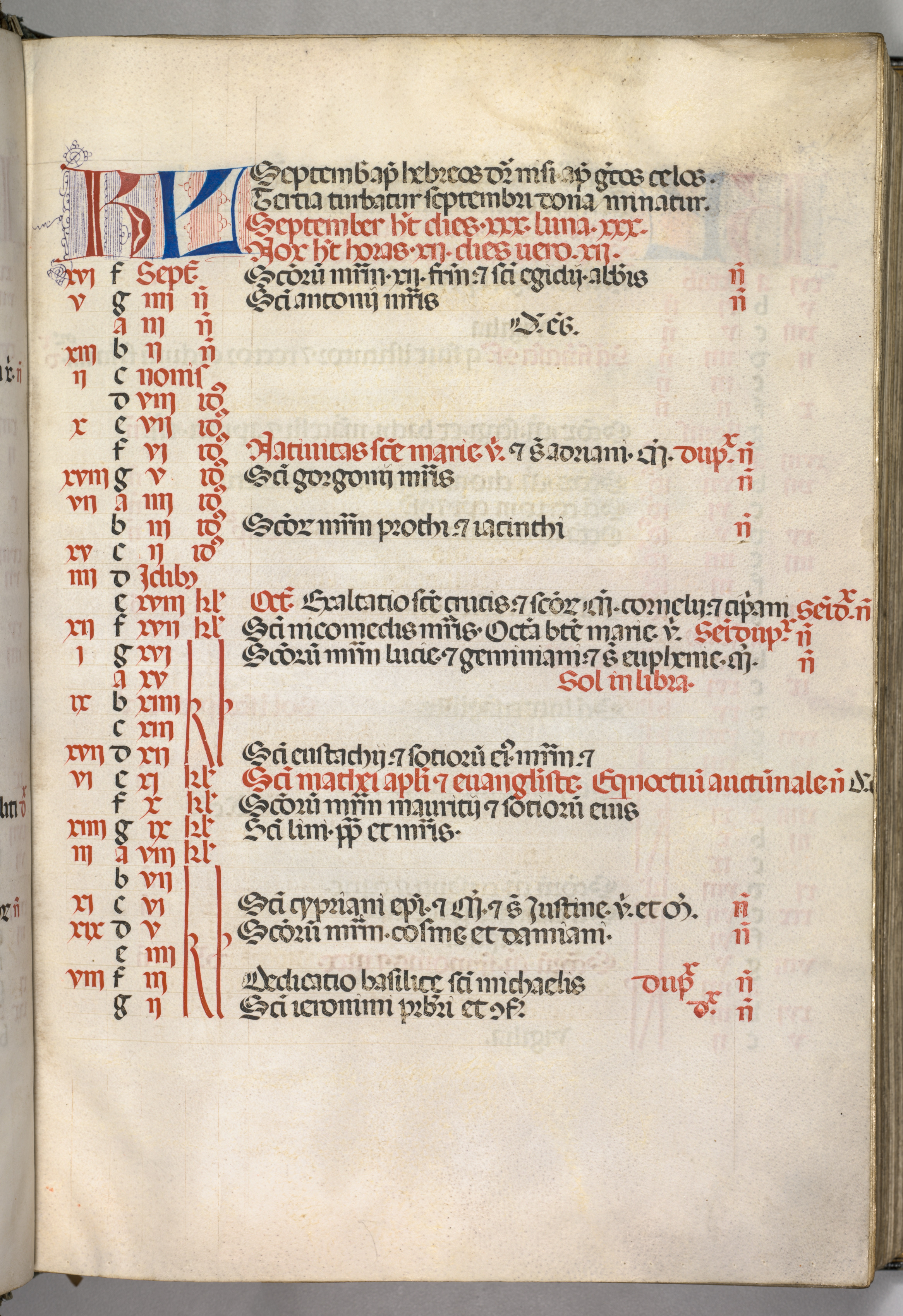 Missale: Fol. 7r: September Calendar Page