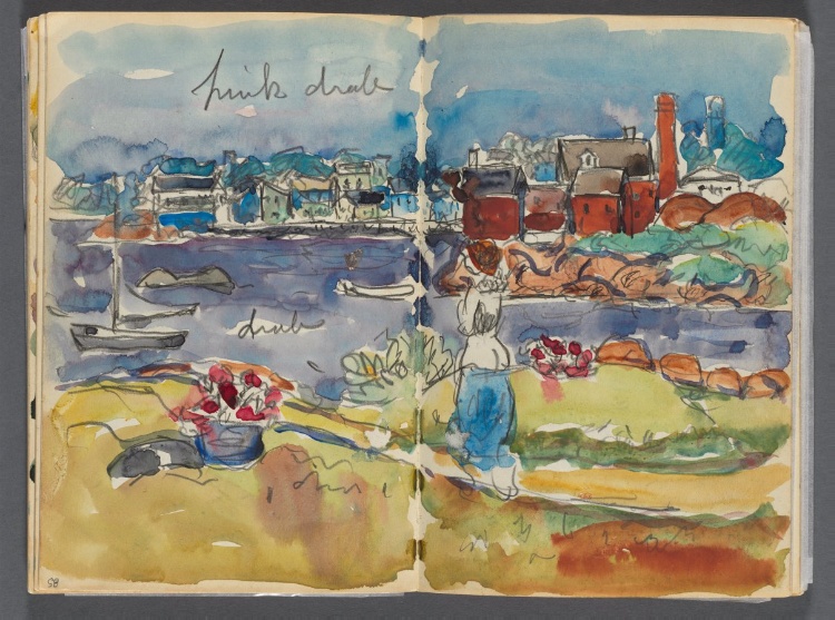Sketchbook- The Granite Shore Hotel, Rockport, page 084 & 85: Harbor View with Color Notations 