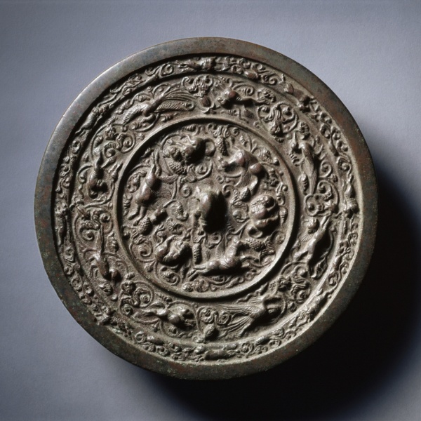 Mirror with Auspicious Animals, Celestial Horses, and Grapevines