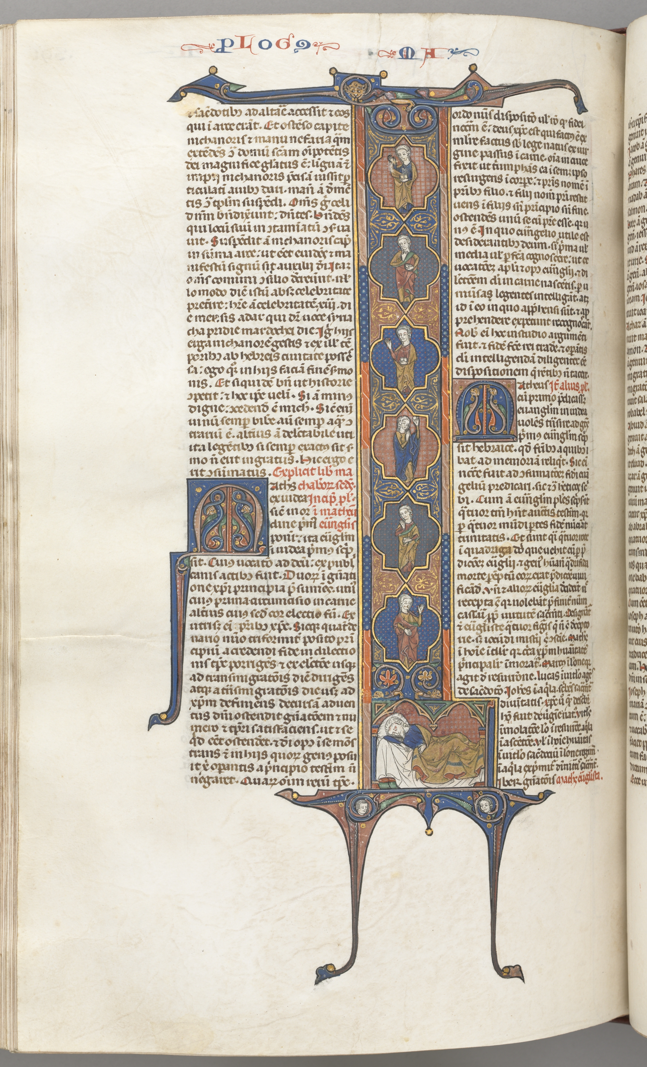Fol. 391v, Matthew, full-length historiated initial L, the Tree of Jesse, with a sleeping Jesse at the base and six of the ancestors of Christ in irregular compartments