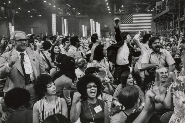 Excited delegates cheering, Democratic National Convention, Miami Beach Convention Center