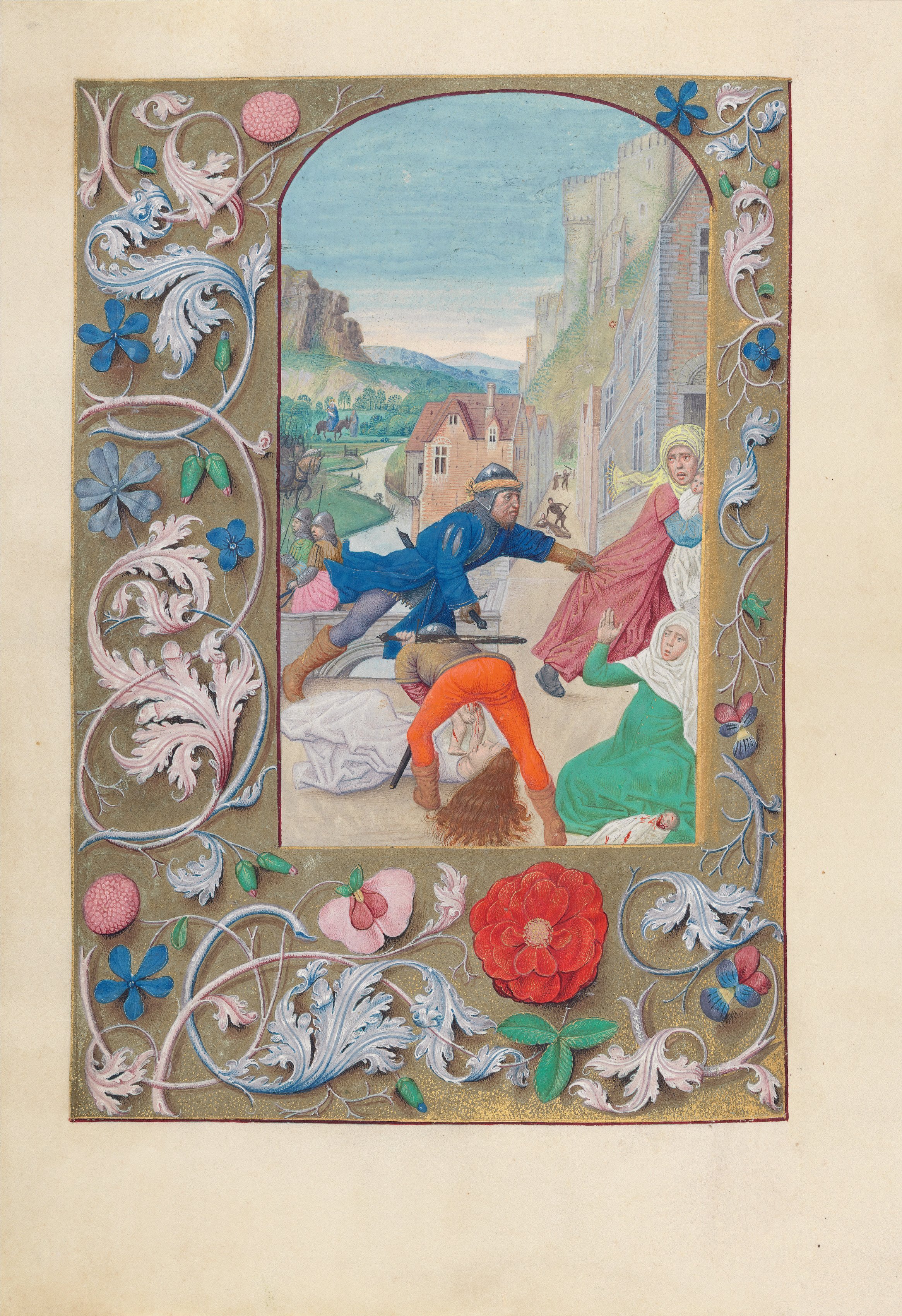 Hours of Queen Isabella the Catholic, Queen of Spain:  Fol. 146v, Massacre of the Innocents and Flight into Egypt