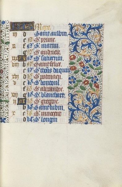 Book of Hours (Use of Rouen): fol. 3r, Calendar Page for March