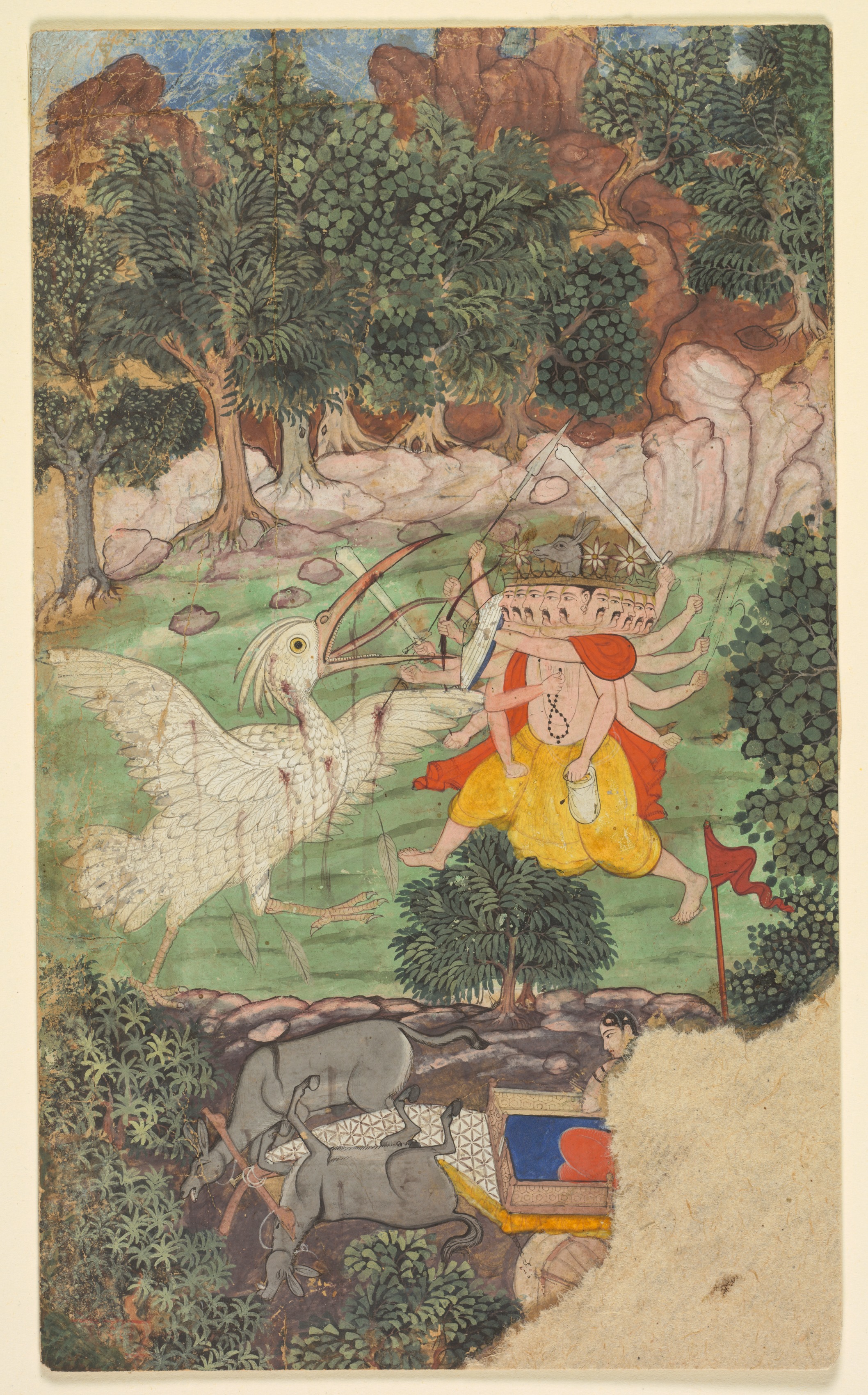 Battle of Ravana and Jatayu, from Chapters 50 and 51 of the Aranya Kanda (Book of the Forest) of Valmiki's Ramayana (Rama’s Journey); folio from the "Burnt" Ramayana