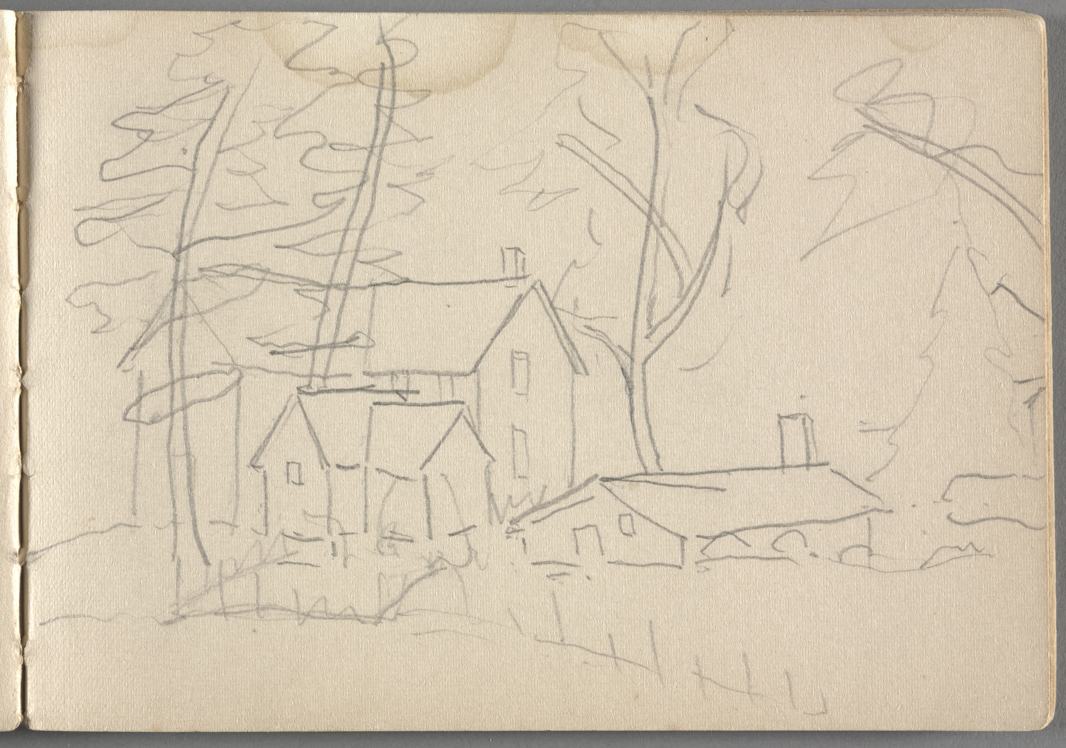 Sketchbook No. 4, page 7: Pencil sketch of houses, trees 