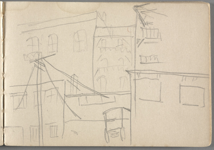 Sketchbook No. 4, page 5: Pencil sketch of apartment houses, car 
