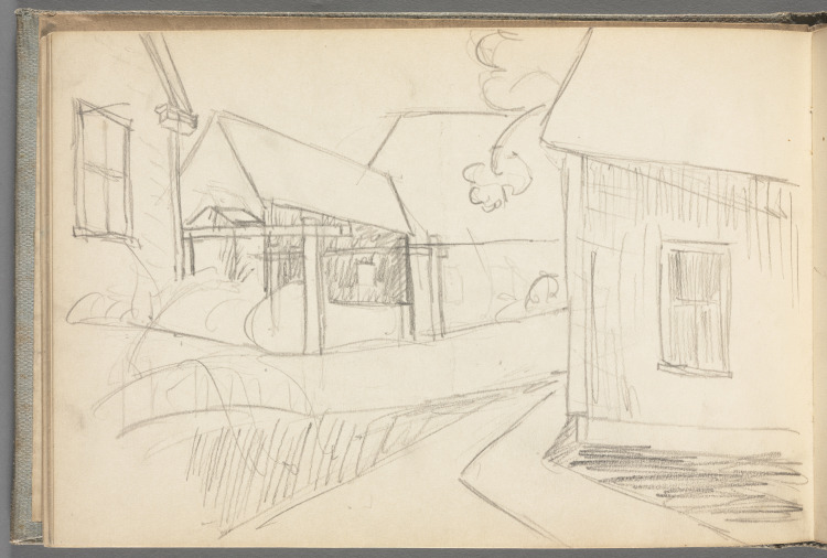 Sketchbook No. 5, page 16: Pencil sketch of buildings along road