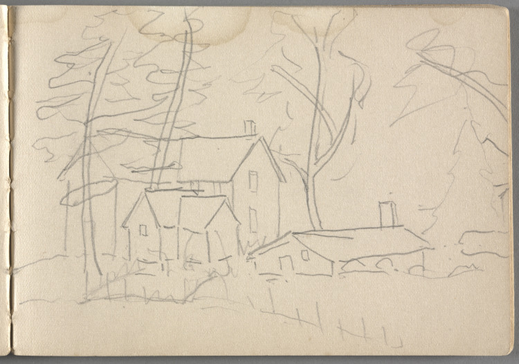 Sketchbook No. 4, page 7: Pencil sketch of houses, trees 