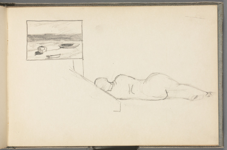 Sketchbook No. 5, page 13: Pencil sketch in border of boats on shore; woman lying on her side