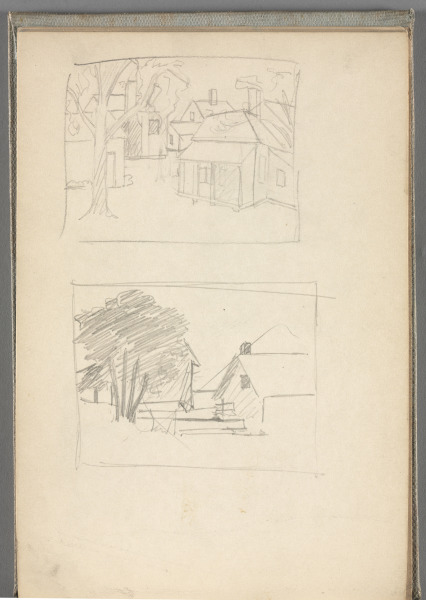 Sketchbook No. 5, page 18: 2 pencil sketches in borders, houses and trees