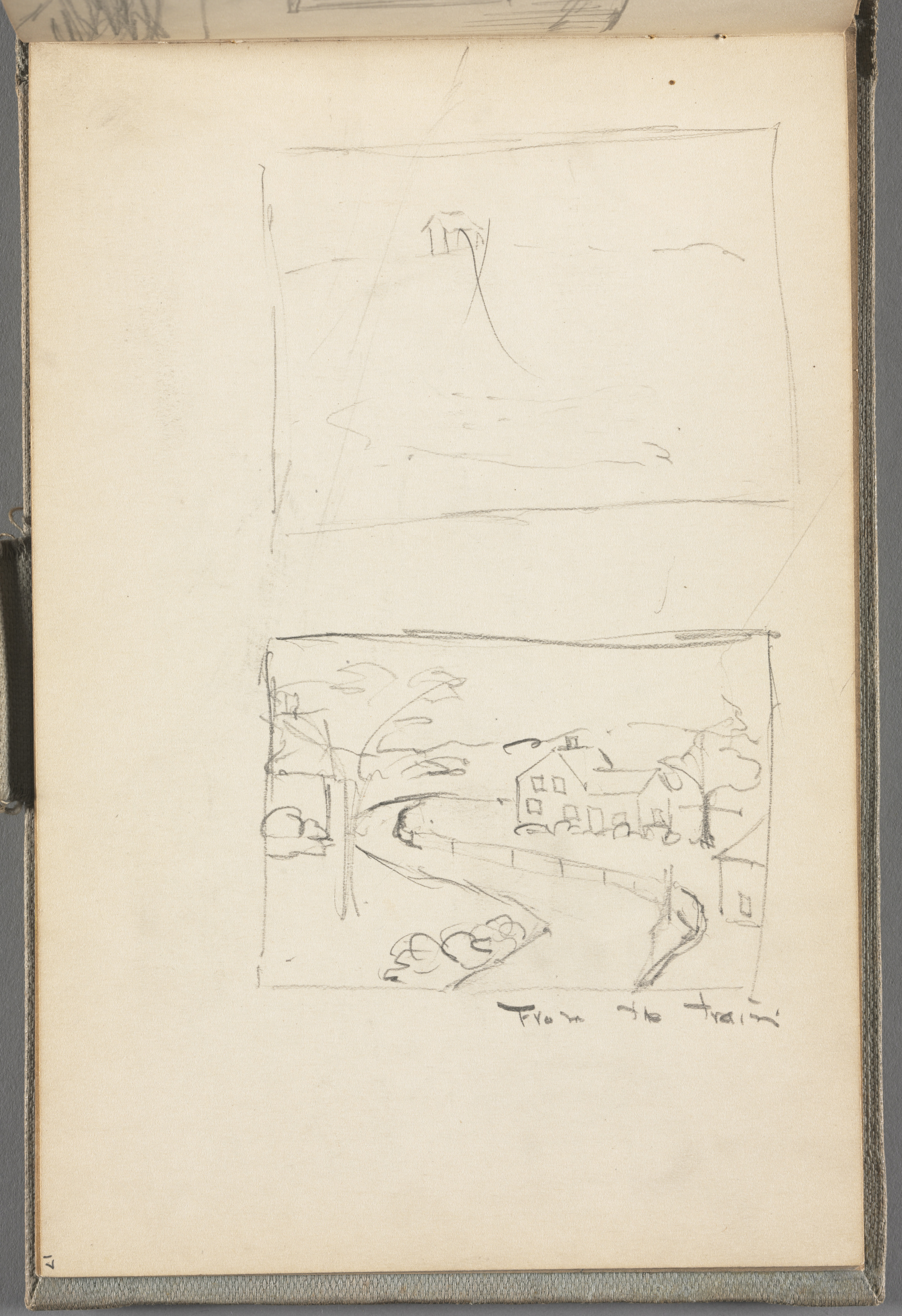 Sketchbook No. 5, page 17: Pencil sketch of road and house in border. In pencil: From the train