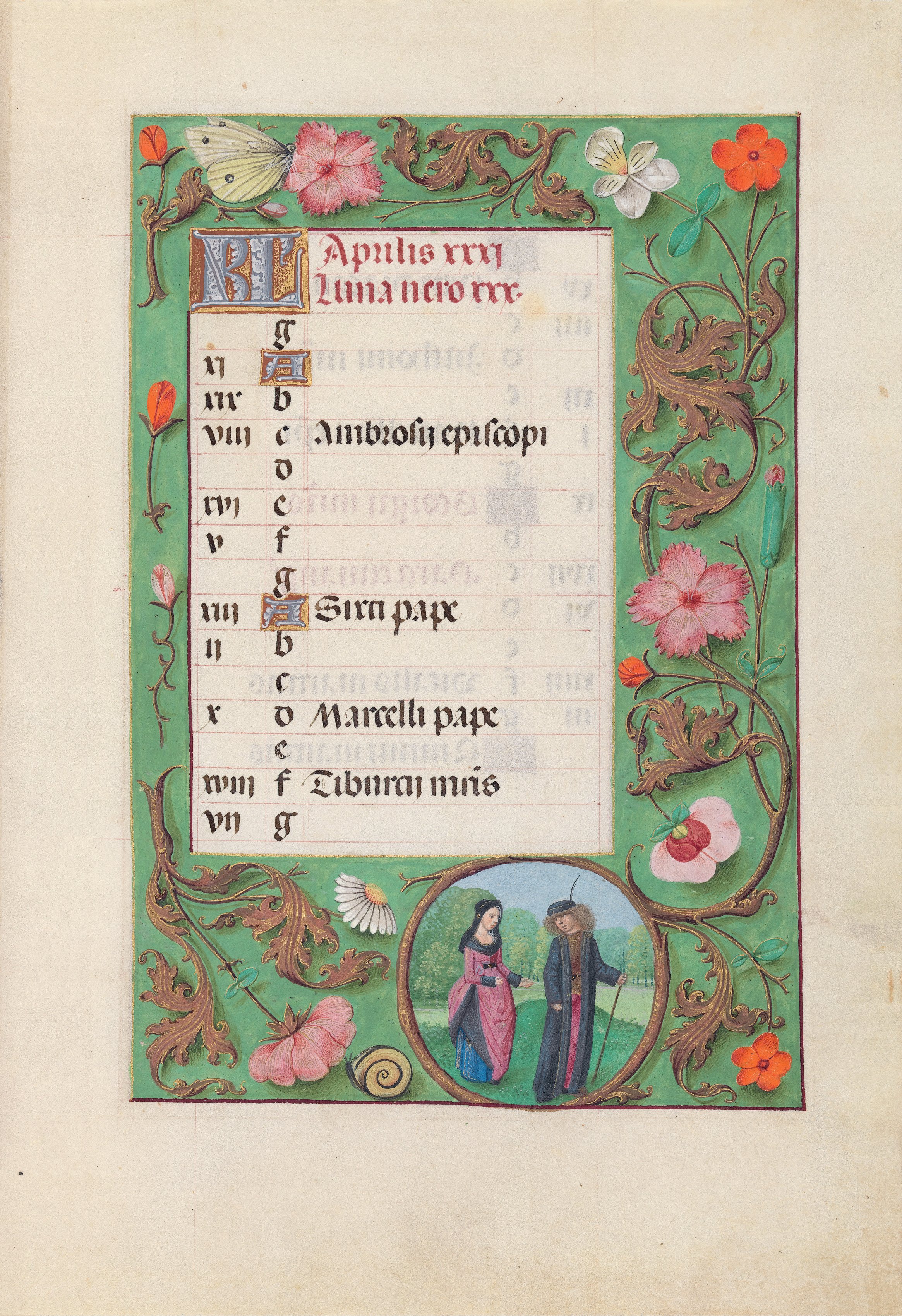 Hours of Queen Isabella the Catholic, Queen of Spain:  Fol. 5r, April - Squire and Damsel