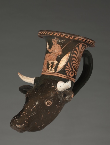 Red-Figure Cow-Head Rhyton (Drinking Horn): Seated Woman