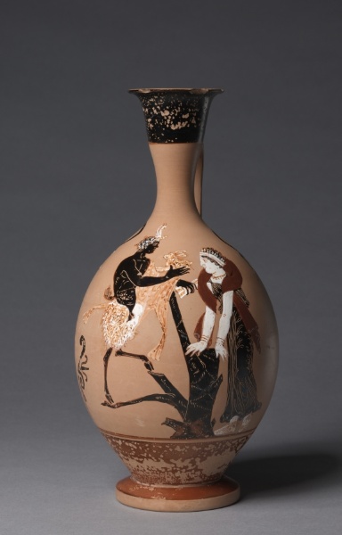 Black-Figure Lekythos (Oil Vessel): Pan Presenting Hare to Woman