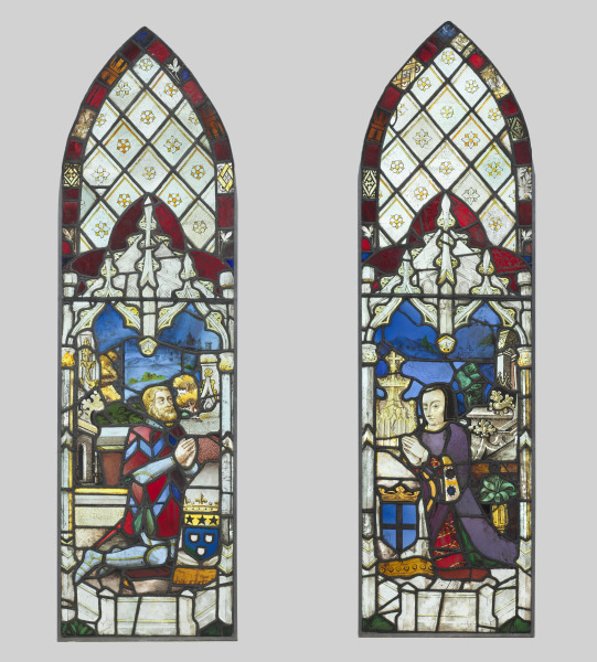 Pair of Stained Glass Panels with Male and Female Donor