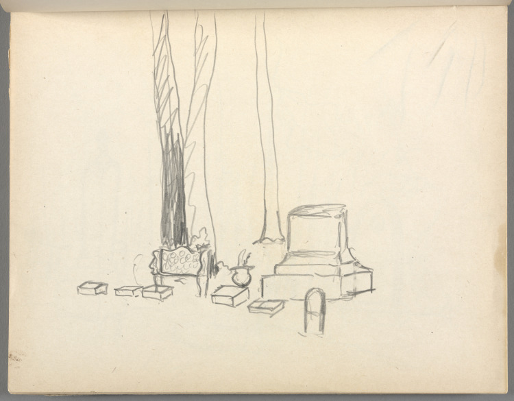 Sketchbook No. 6, page 59: Pencil cemetery monuments with 3 tree trunks