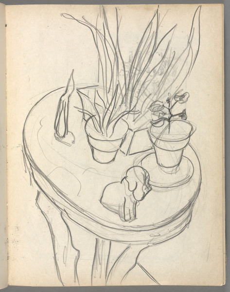 Sketchbook No. 6, page 69: Pencil Still life of plants, ceramic of dog on table top