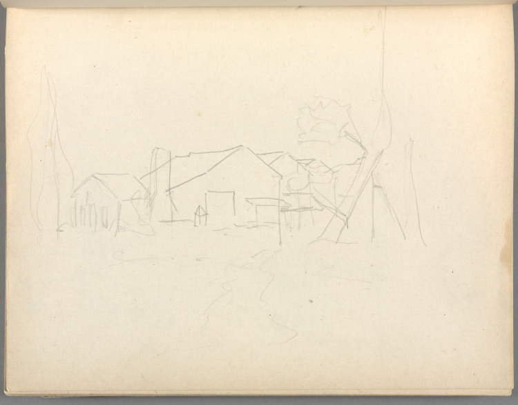 Sketchbook No. 6, page 55: Pencil outline sketch of buildings
