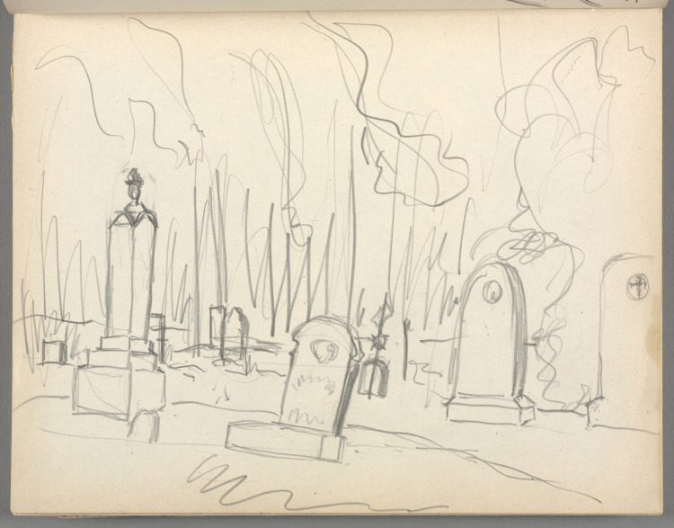 Sketchbook No. 6, page 61: Pencil view of cemetery with many monuments