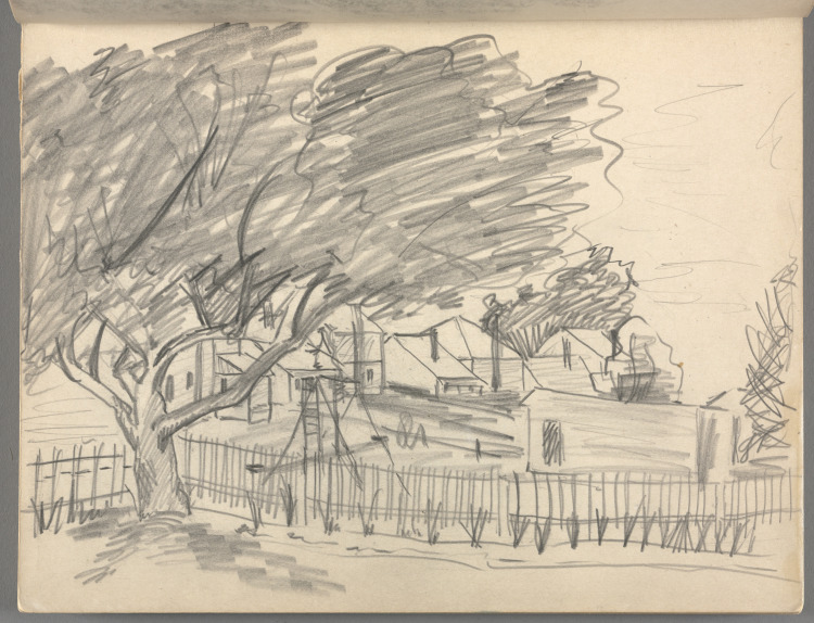 Sketchbook No. 6, page 7: Pencil drawing of large tree foreground, fence, houses, swing set