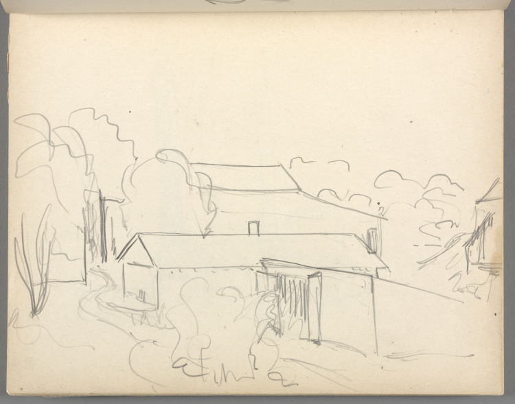 Sketchbook No. 6, page 57: Pencil landscape with buildings