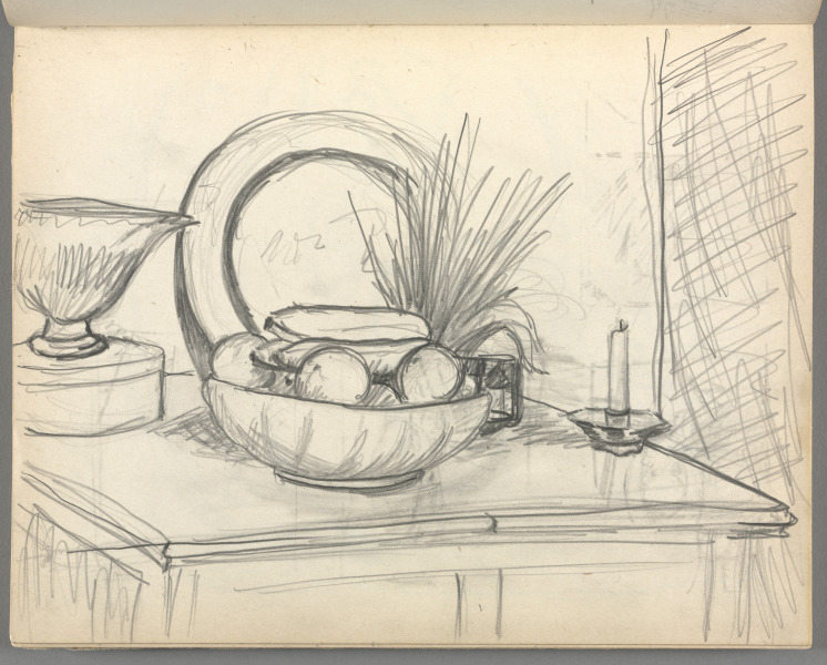 Sketchbook No. 6, page 65: Pencil large, finished still life of bowl of fruit, candle, dish on table top