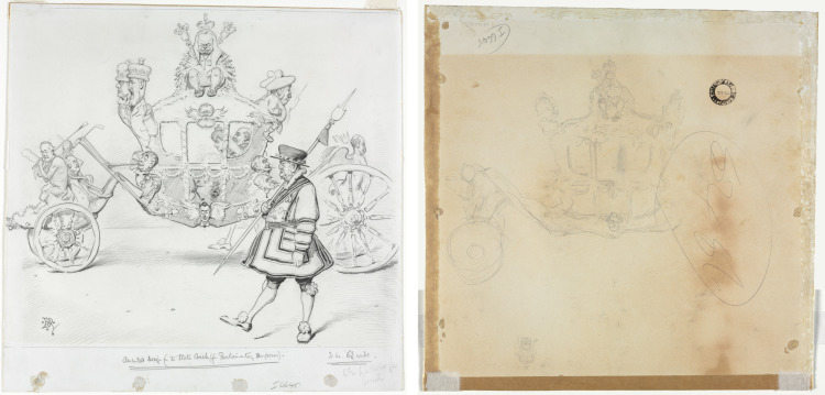 The Stagecoach for Parliamentary Purposes (recto) Study for Cab and Front Left Wheel of Coach and Study for Head of Crowned Figure Seated on Top of Coach (verso)