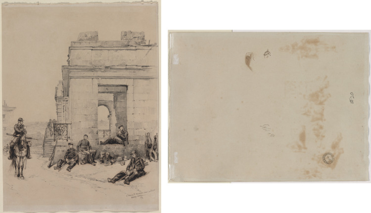 Soldiers Resting (recto) Sketch of a Man with Upraised Arm and Sketch of a Helmet (verso) 