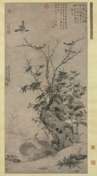 Quails and Sparrows in an Autumn Scene