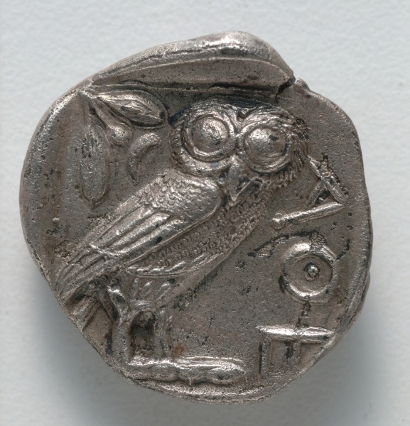 Tetradrachm: Owl, standing, r., crescent moon and olive branch above (reverse)