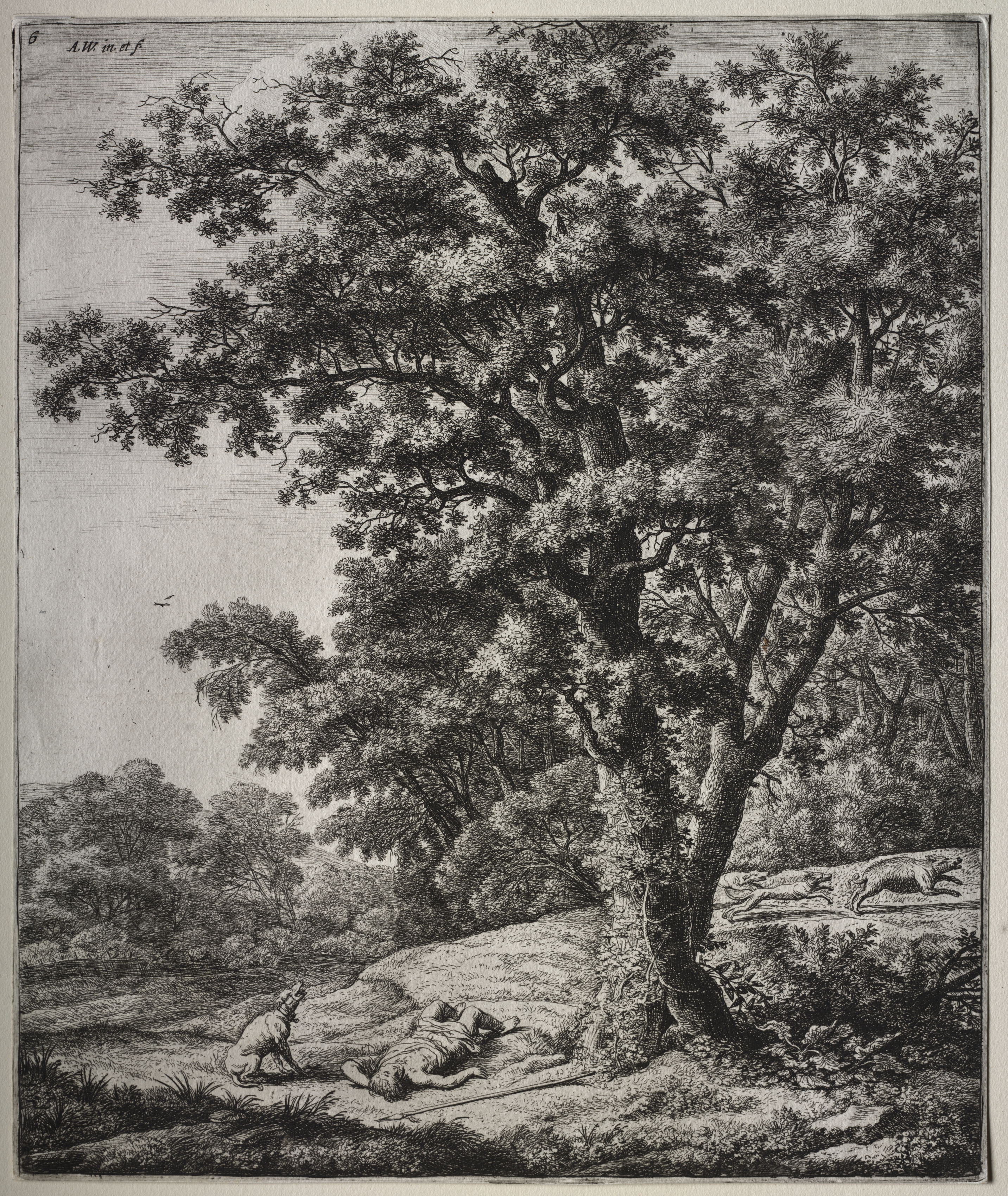 Six large upright landscapes with scenes from Ovid's Metamorphoses: The Death of Adonis